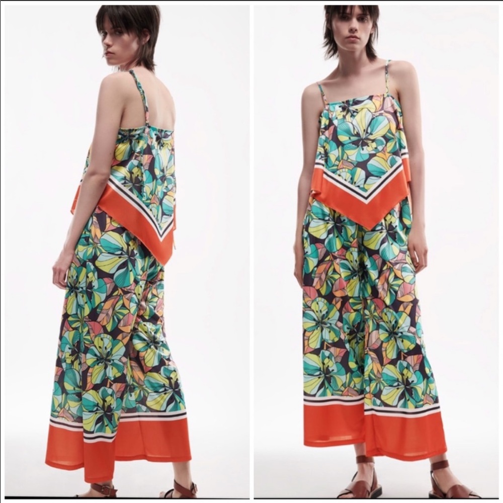 Zara Floral Wide-Leg Jumpsuit in Green, Teal & Orange